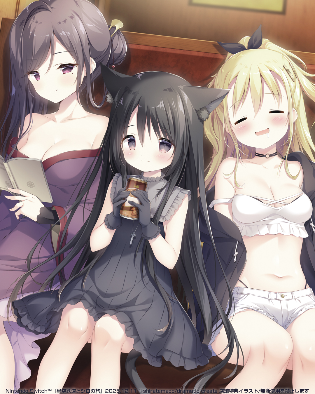 shiratama (shiratamaco), gibier (hoshishiro), hanae (hoshishiro), noir (hoshishiro), hoshizora tetsudou to shiro no tabi, highres, official art, 3girls, :d, bare shoulders, black dress, black gloves, black hair, black panties, black ribbon, blonde hair, blush, breasts, can, canned coffee, cleavage, closed eyes, closed mouth, collarbone, dress, drink can, facing viewer, frilled dress, frills, gloves, grey eyes, hair between eyes, hair bun, hair ribbon, highleg, highleg panties, holding, holding can, indoors, japanese clothes, kimono, large breasts, long hair, looking at viewer, medium breasts, multiple girls, navel, off shoulder, open mouth, panties, ponytail, purple eyes, purple kimono, ribbon, short shorts, shorts, sitting, sleeveless, sleeveless dress, smile, underwear, very long hair, white shorts