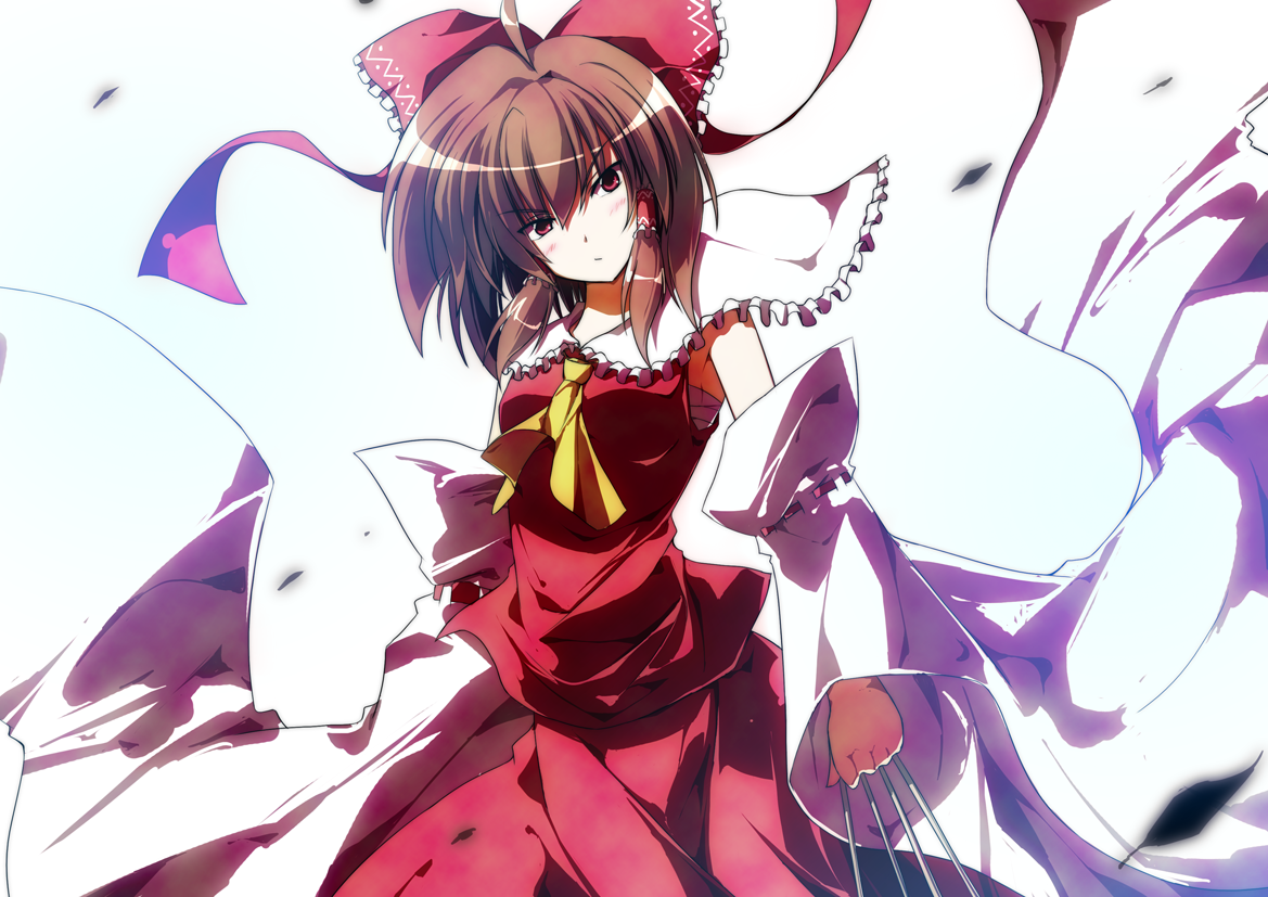 sakurame, hakurei reimu, touhou, bad id, bad pixiv id, 1girl, bloom, bow, brown hair, card, detached sleeves, female focus, fire, frown, hair bow, head tilt, japanese clothes, miko, ofuda, red eyes, solo, wide sleeves