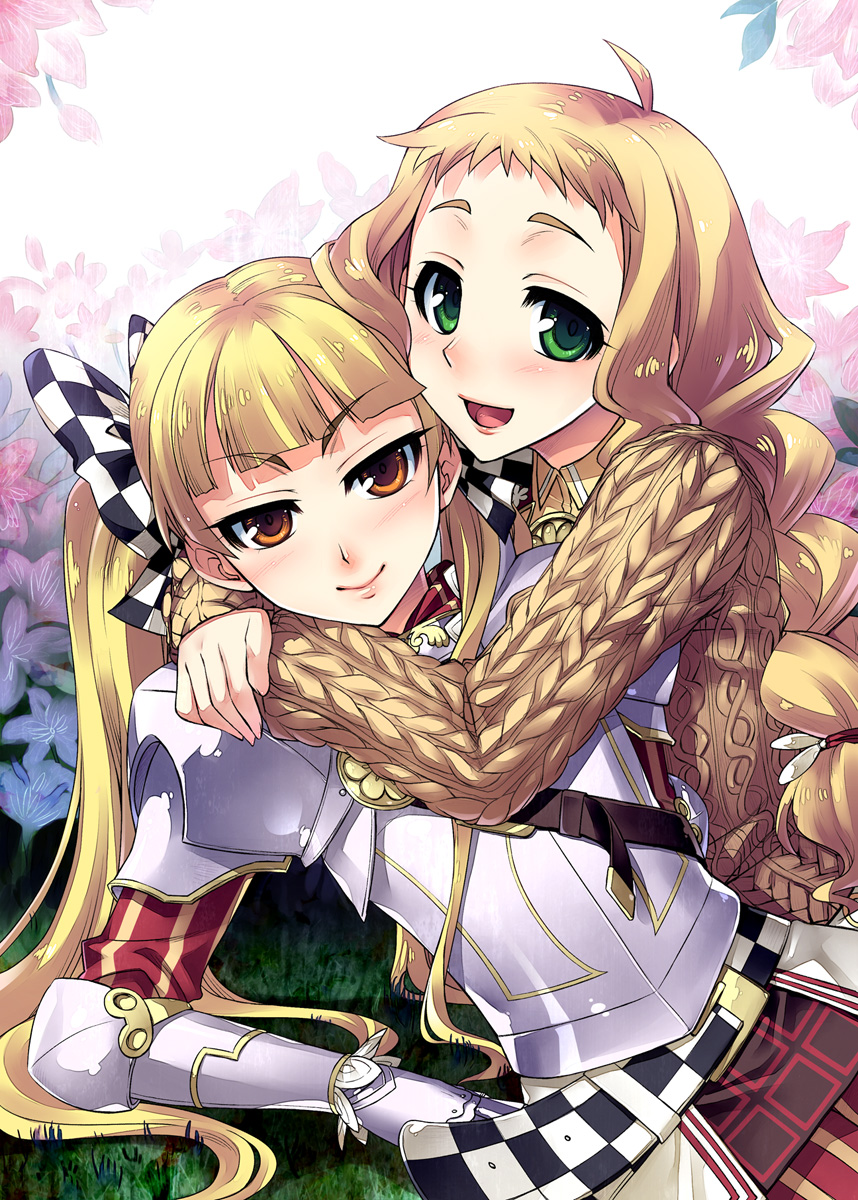 redrop, berich (7th dragon), healer (7th dragon), knight (7th dragon), mol (7th dragon), 7th dragon, 7th dragon (series), highres, 2girls, ahoge, armor, blonde hair, blush, brown eyes, brown hair, green eyes, happy, hug, long hair, multiple girls, smile, sweater, twintails, yuri