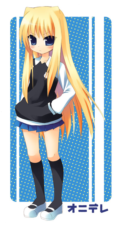 sazaki ichiri, ikushima saya, onidere, bad id, bad pixiv id, blonde hair, blue eyes, blush, hands in pockets, long hair, skirt, socks, solo