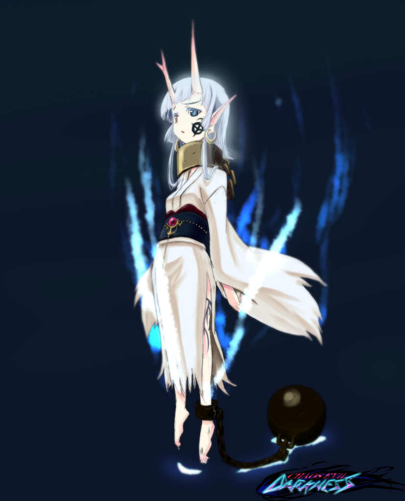 wadapen, chaos evil darkness, barefoot, chain, chainball, collar, cuffs, demon girl, earrings, flat chest, heterochromia, horns, japanese clothes, jewelry, kimono, pointy ears, shackles, solo, tattoo