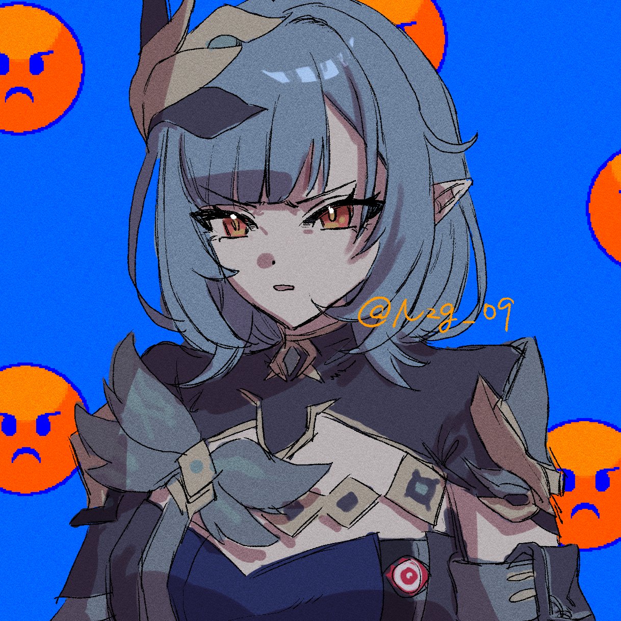 nzg 09, elysia (honkai impact), elysia (miss pink elf) (honkai impact), herrscher of corruption, honkai (series), honkai impact 3rd, commentary request, highres, 1girl, angry face emoji, blue background, blue corset, blue hair, breasts, corset, elf, eye print, hair ornament, large breasts, long hair, orange eyes, parted lips, pointy ears, shrug (clothing), solo, twitter username, upper body