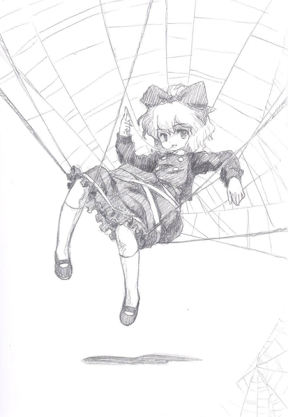chagen kokimu, kurodani yamame, touhou, bad id, bad pixiv id, graphite (medium), highres, traditional media, 1girl, bow, female focus, greyscale, hair bow, mary janes, monochrome, shoes, short hair, silk, solo, spider web