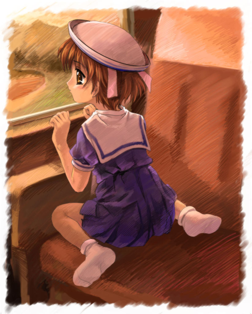 mutsuki (moonknives), okazaki ushio, clannad, key (company), 00s, brown eyes, brown hair, hat, school uniform, short hair, solo, train, train interior