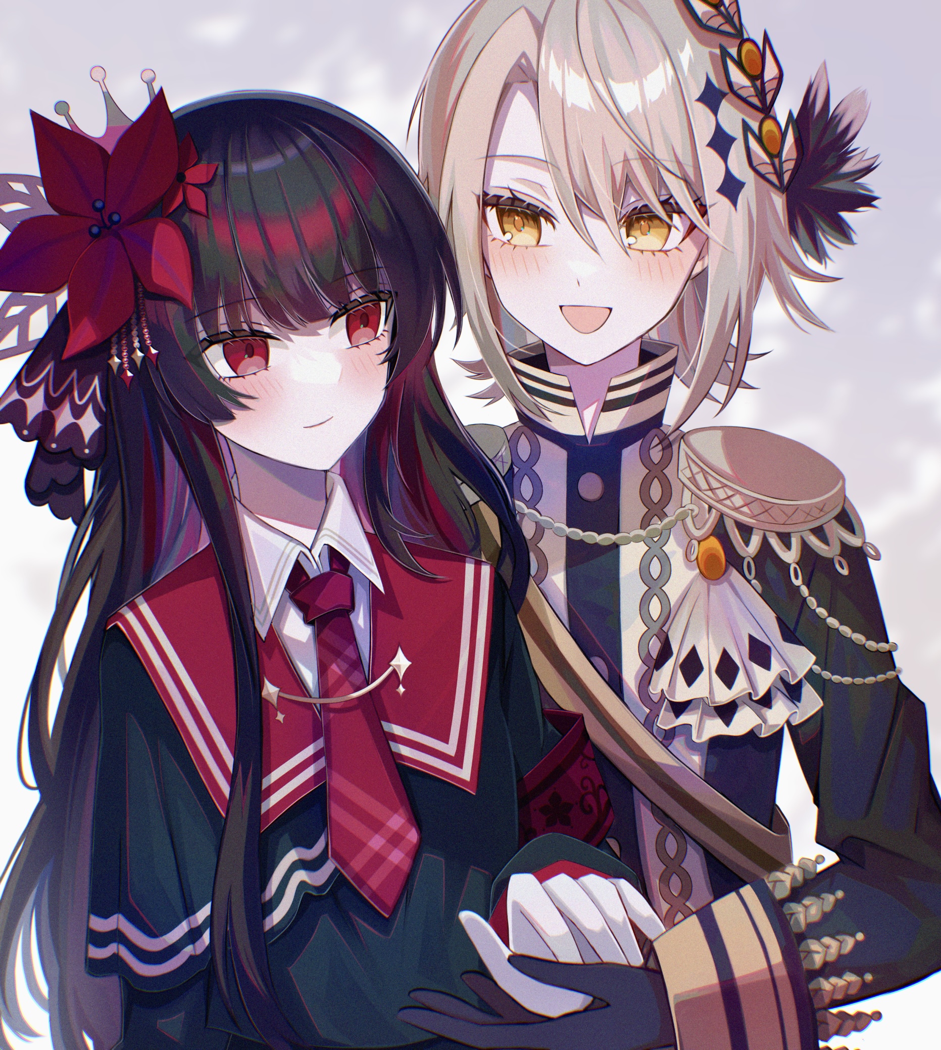 satoimo chika, hasumi leia, nikaido hiro, mahou shoujo no majo saiban, commentary request, highres, 2girls, :d, black gloves, black hair, black jacket, black shirt, blush, brown eyes, brown hair, closed mouth, collared shirt, epaulettes, flower, gloves, grey background, hair between eyes, hair flower, hair ornament, jacket, long hair, long sleeves, multicolored hair, multiple girls, necktie, open mouth, purple hair, red eyes, red flower, red necktie, shirt, smile, two-tone hair, upper body, very long hair, white gloves, white shirt