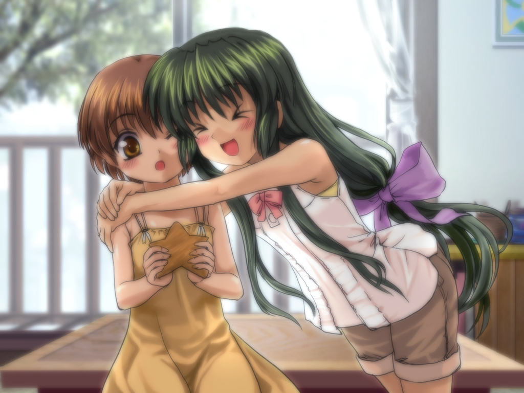 mutsuki (moonknives), ibuki fuuko, okazaki ushio, clannad, key (company), > <, 00s, 2girls, ;o, brown eyes, brown hair, casual, closed eyes, green hair, hug, long hair, multiple girls, one eye closed, short hair, starfish, wink