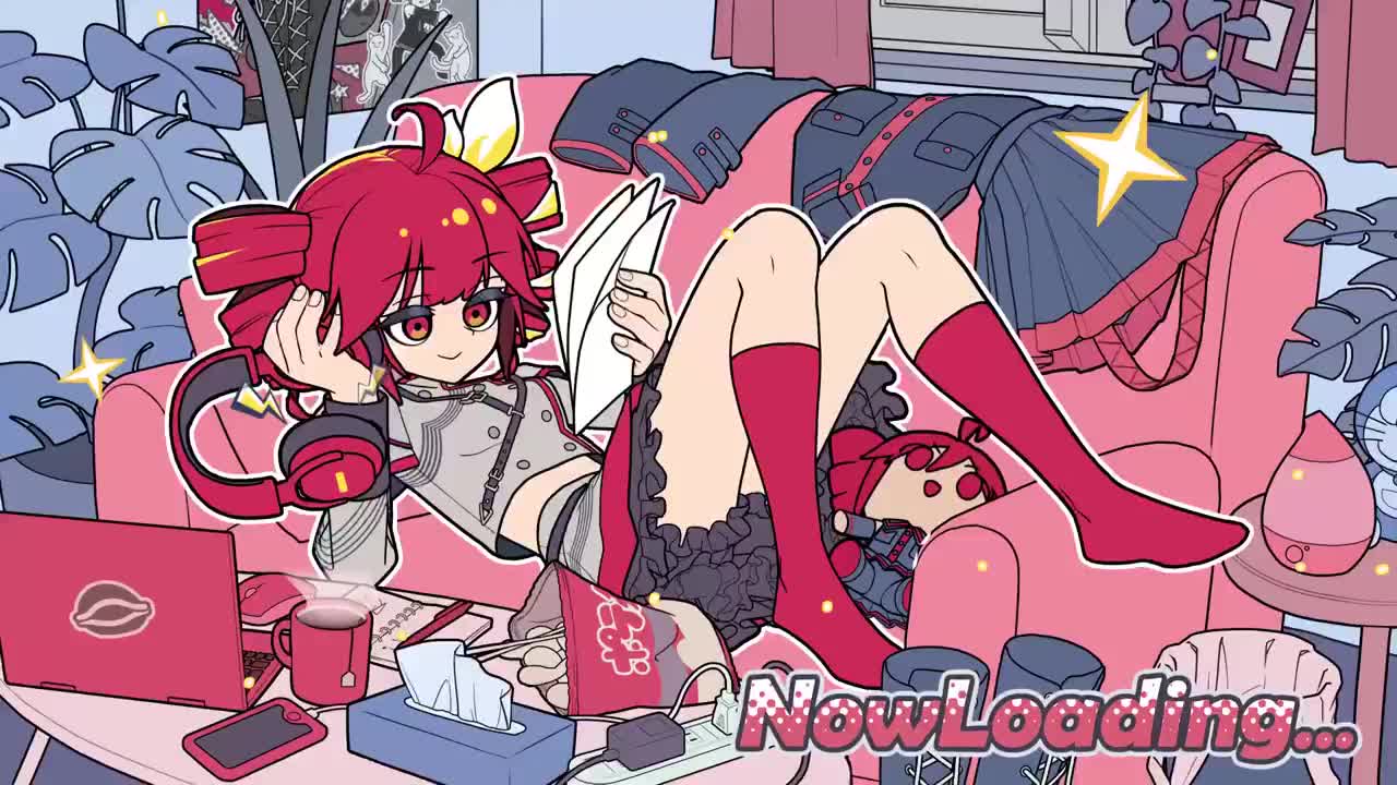 arimoto wataru, kasane teto, utau, animated, tagme, video, 1girl, couch, drill hair, headphones, loading icon, lying, no shoes, red hair, red socks, socks, tissue box, twin drills