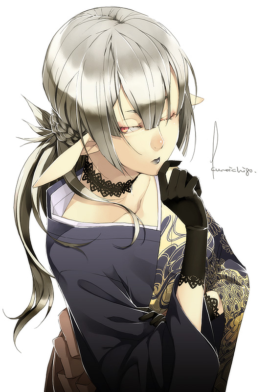 kyo (kuroichigo), original, silver hair, 1girl, choker, collarbone, elf, female focus, gloves, half updo, japanese clothes, kimono, lipstick, long hair, makeup, one eye closed, pointy ears, ponytail, red eyes, simple background, solo, white background, wink