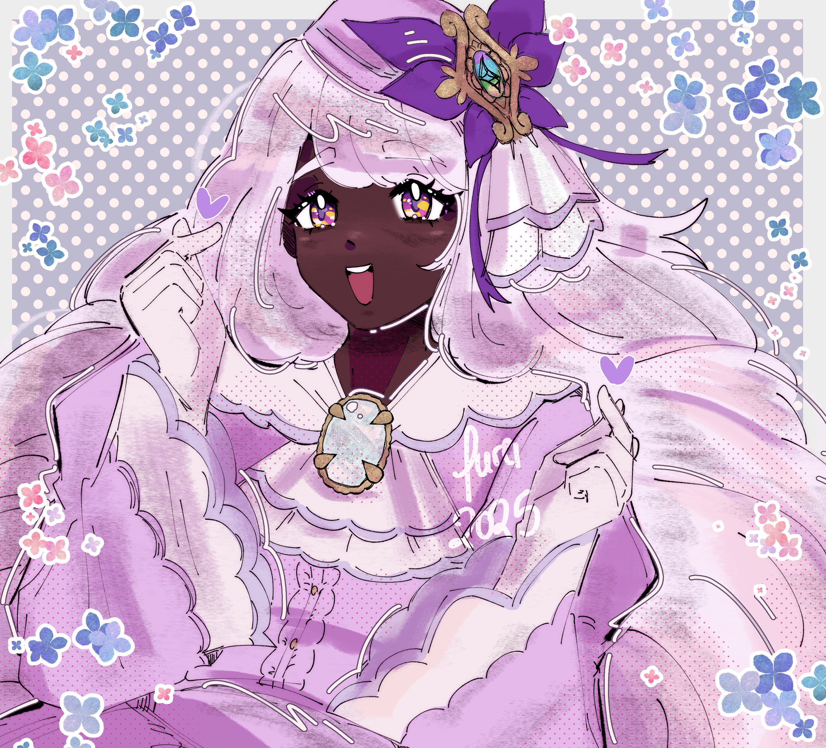 jacinthe (pokemon), nintendo, pokemon, pokemon legends: z-a, absurdres, highres, 1girl, ascot, brooch, dark-skinned female, dark skin, double finger heart, dress, fascinator, finger heart, flower, frilled ascot, frills, fureiart, gloves, hair ornament, hands up, jewelry, juliet sleeves, long hair, long sleeves, looking at viewer, low drills, mega stone, open mouth, puffy sleeves, purple dress, purple eyes, purple hair, smile, solo, upper body, very dark skin