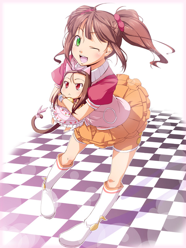 natsumi akira, minase iori, takatsuki yayoi, idolmaster, idolmaster (classic), pop sound blossom, 00s, 2girls, :<, animal ears, boots, brown hair, cat ears, cat tail, child, dress, green eyes, hairband, long hair, multiple girls, one eye closed, red eyes, ribbon, skirt, tail, turtleneck, twintails, wink