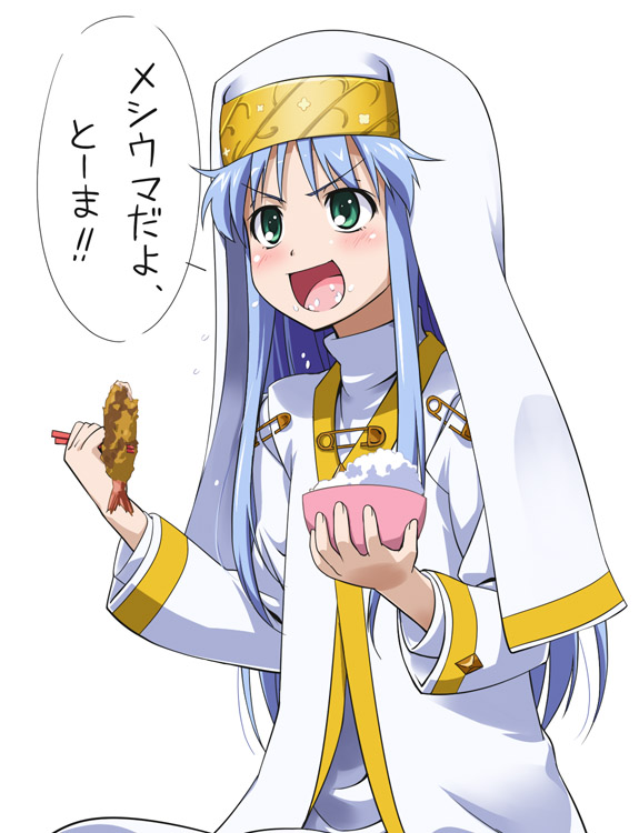 youkan, index (toaru majutsu no index), toaru majutsu no index, translation request, >:d, 00s, 1girl, :d, blue hair, blush, bowl, chopsticks, cup, female focus, food, food in mouth, food on face, green eyes, long hair, open mouth, rice, rice bowl, rice on face, smile, solo, v-shaped eyebrows
