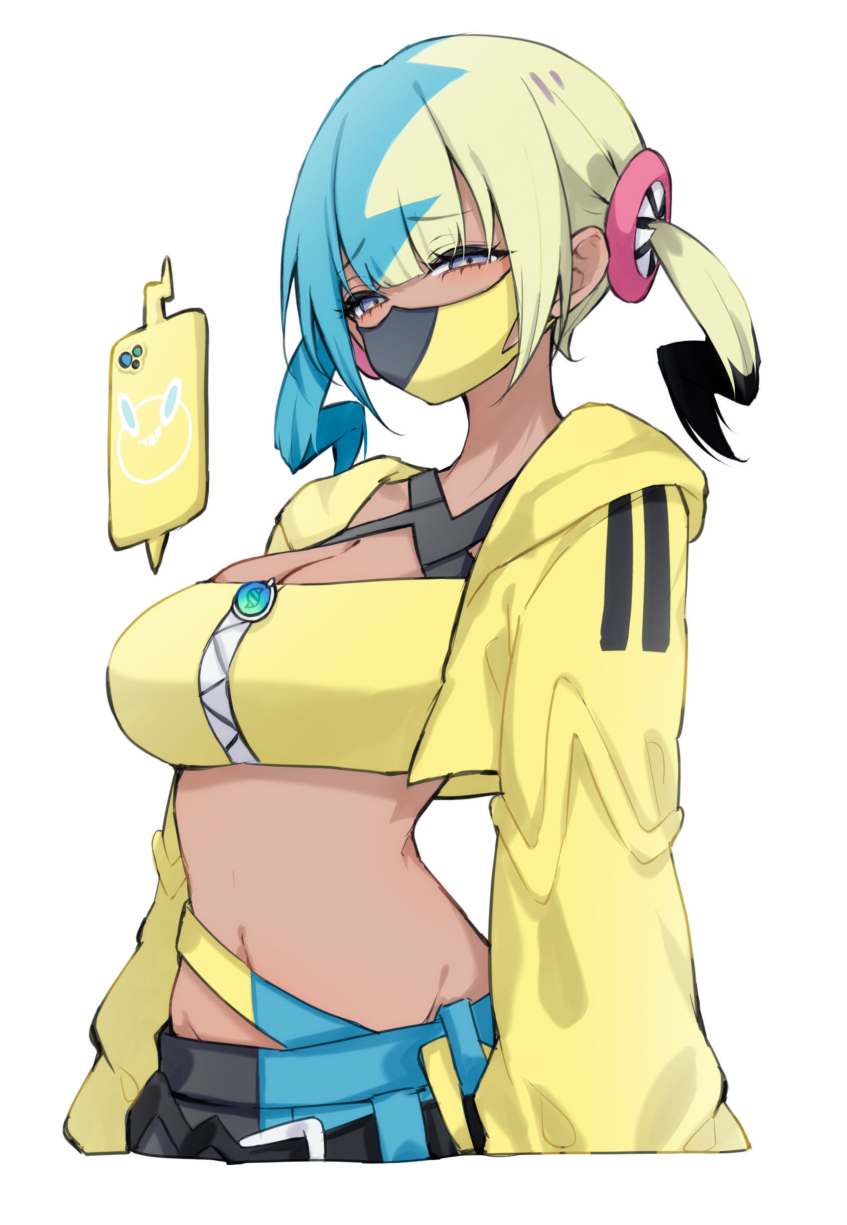 sana (sanamaru 0w0), canari (pokemon), rotom, rotom phone, nintendo, pokemon, pokemon legends: z-a, absurdres, commentary request, highres, 1girl, aqua hair, bandeau, black mask, blonde hair, blue eyes, breasts, cleavage, gen 4 pokemon, jacket, large breasts, long sleeves, looking at viewer, multicolored hair, navel, simple background, solo, two-tone mask, white background, yellow bandeau, yellow jacket, yellow mask