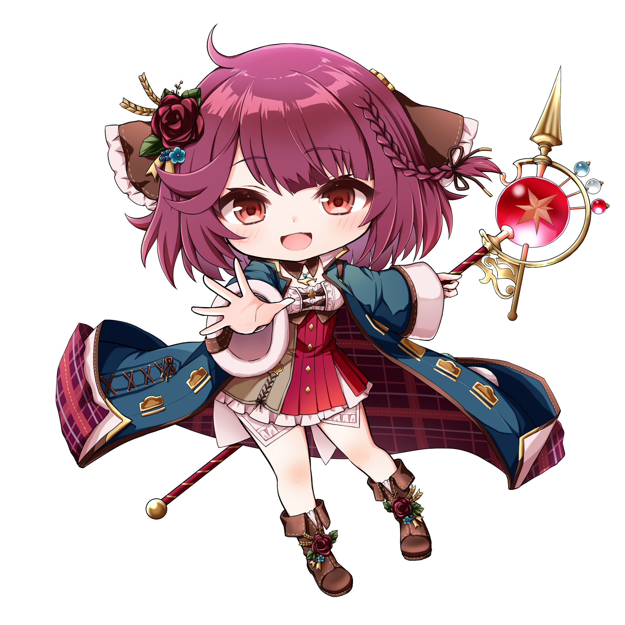 kuena, sophie neuenmuller, atelier (series), atelier sophie, commentary request, highres, 1girl, :d, blue coat, boots, braid, breasts, brown boots, chibi, coat, dress, flower, fold-over boots, frilled dress, frills, full body, hair flower, hair ornament, holding, holding staff, long sleeves, looking at viewer, medium breasts, open clothes, open coat, open mouth, orb, pleated dress, purple hair, red dress, red eyes, red flower, red rose, rose, simple background, smile, solo, staff, white background