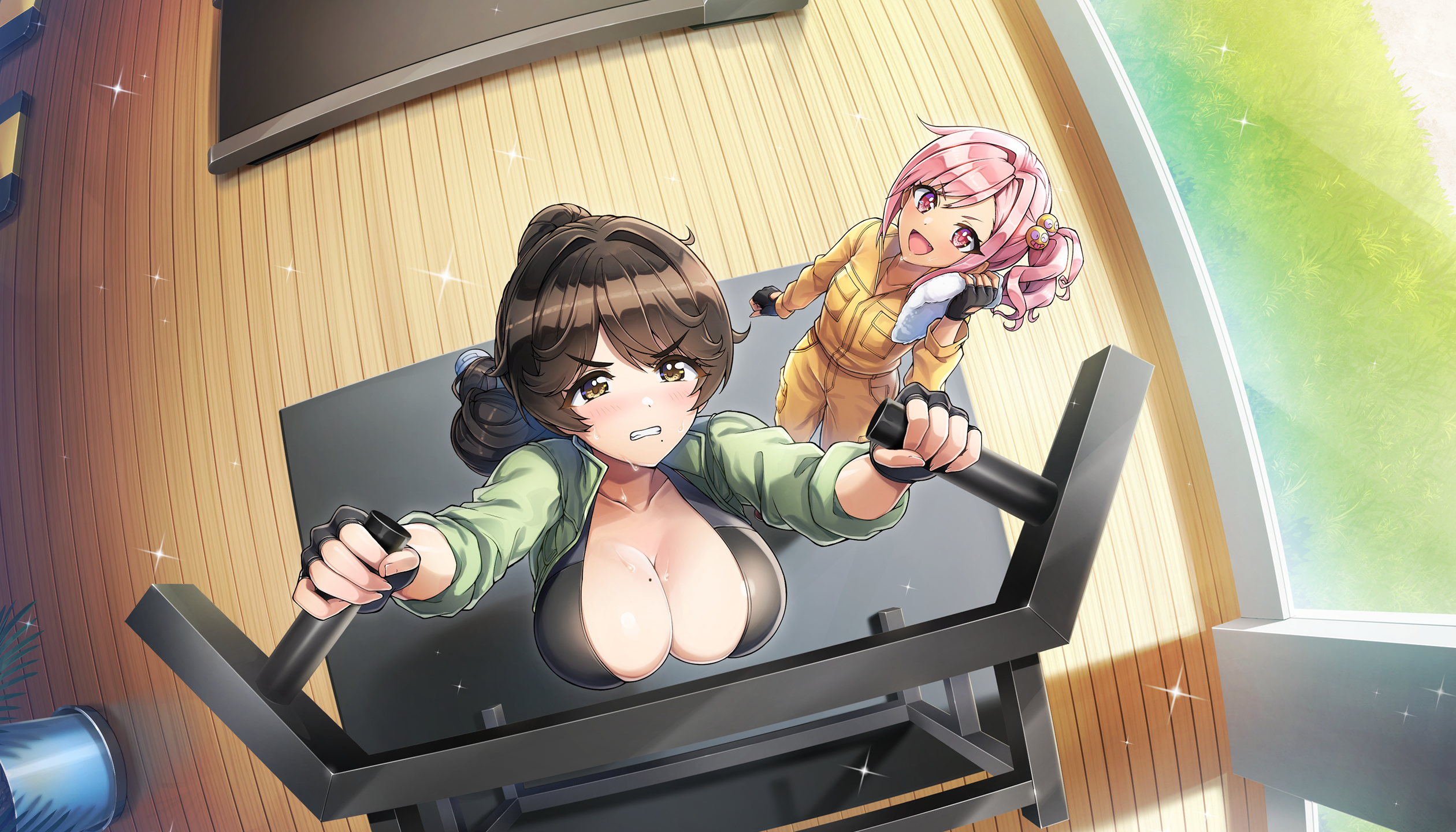 ootomo takuji, urami kana, yamaba yume, dolphin wave, game cg, highres, non-web source, official art, 2girls, breasts, brown eyes, brown hair, cleavage, dark-skinned female, dark skin, day, green jumpsuit, hair bobbles, hair intakes, hair ornament, jumpsuit, large breasts, mole, mole on breast, mole under mouth, multiple girls, official alternate costume, open jumpsuit, orange jumpsuit, pink eyes, pink hair, sexual exercising, side ponytail, sparkle