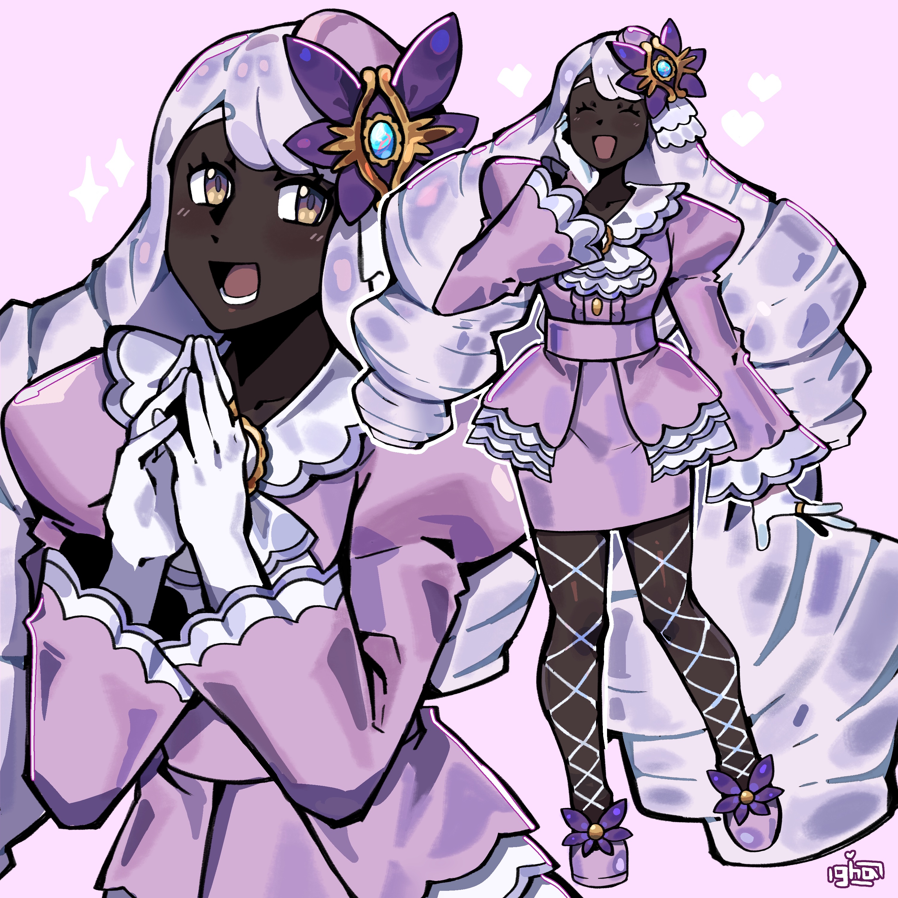 graysheartart, jacinthe (pokemon), nintendo, pokemon, pokemon legends: z-a, absurdres, highres, 1girl, ^ ^, ascot, brooch, closed eyes, dark-skinned female, dark skin, dress, fascinator, fishnet pantyhose, fishnets, frilled ascot, frills, full body, gloves, gold ring, hair ornament, hand on own cheek, hand on own face, hands up, heart, jewelry, juliet sleeves, long hair, long sleeves, looking at viewer, low drills, mega stone, multiple views, open mouth, own hands together, pantyhose, puffy sleeves, purple dress, purple eyes, purple hair, short dress, smile, standing, steepled fingers, very dark skin, white gloves