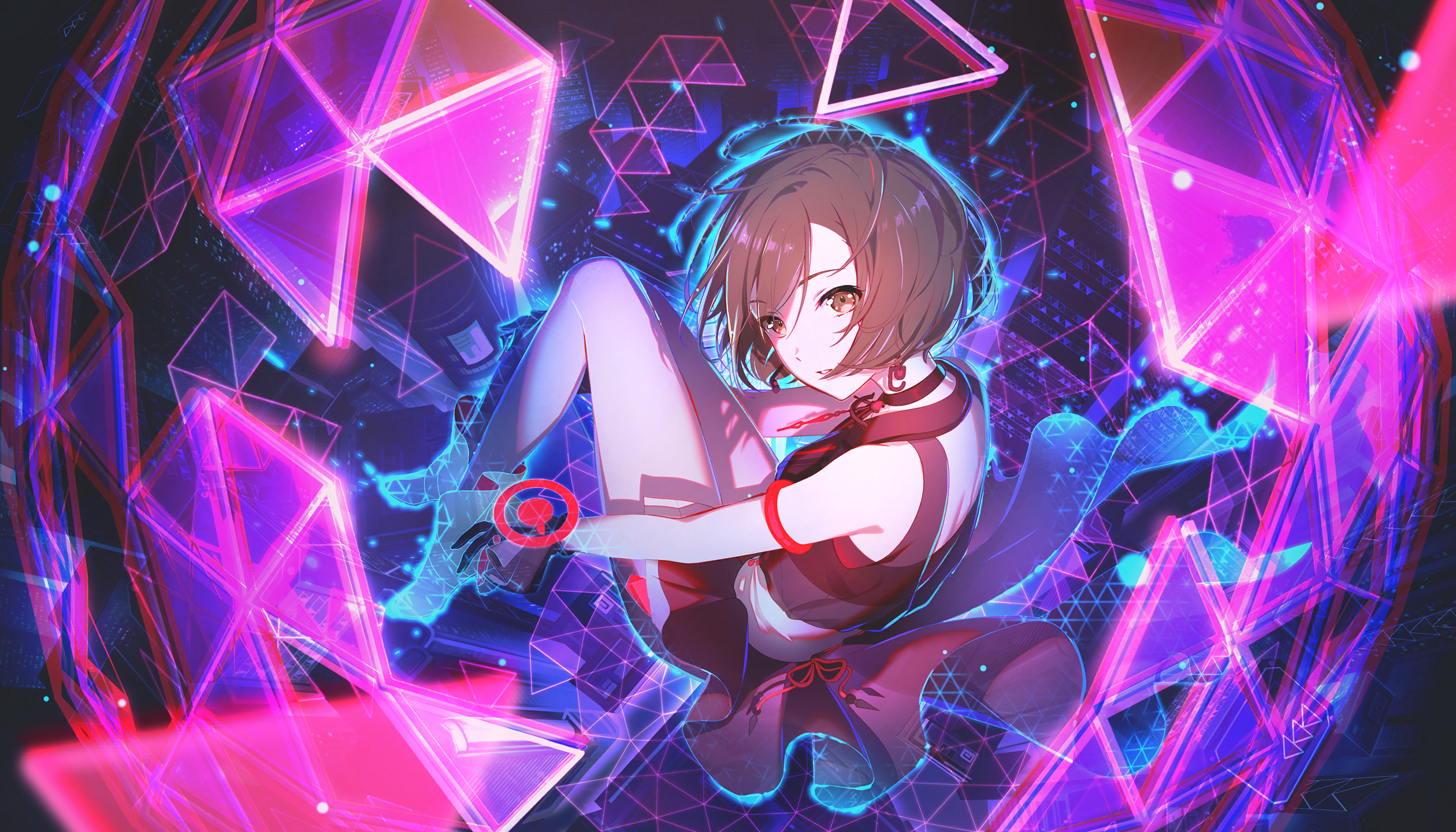 colorful palette, meiko (vocaloid), project sekai, vocaloid, game cg, highres, official art, third-party source, 1girl, black gloves, blurry, boots, brown eyes, brown hair, choker, depth of field, earrings, full body, gloves, headset, jewelry, kimi to sekai no hajimari de (project sekai), looking at viewer, official alternate costume, parted lips, red choker, short hair, solo, triangle, white boots