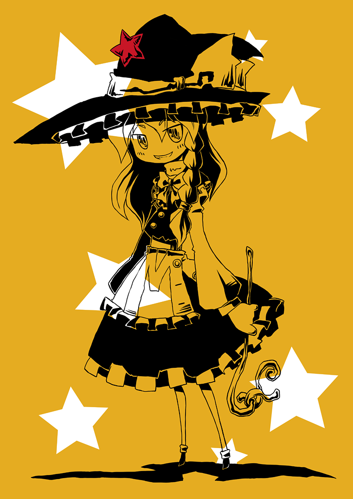 sonson (eleven), kirisame marisa, touhou, 1girl, braid, female focus, full body, grin, hat, monochrome, smile, solo, spot color, star (symbol), witch, witch hat, yellow theme