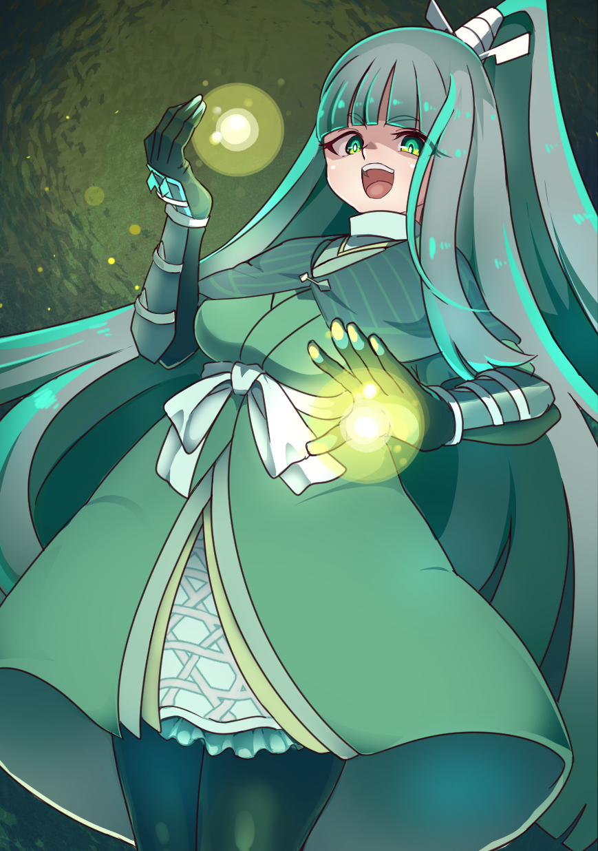 borokuro, celesteela, nintendo, pokemon, commentary request, highres, 1girl, aqua hair, blunt bangs, breasts, dress, eyelashes, gen 7 pokemon, gloves, green dress, green eyes, long hair, multicolored hair, open mouth, pantyhose, personification, ponytail, smile, solo, streaked hair, teeth, two-tone hair, ultra beast, upper teeth only, very long hair