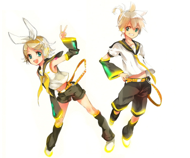 caterpillar (artist), shiratama shima, kagamine len, kagamine rin, vocaloid, 1boy, 1girl, aqua eyes, armpits, bare shoulders, belt, blonde hair, brother and sister, detached sleeves, flat chest, grin, hair ornament, hair ribbon, hairclip, headphones, midriff, necktie, ribbon, sailor collar, school uniform, short hair, shorts, siblings, smile, twins, v, yellow necktie