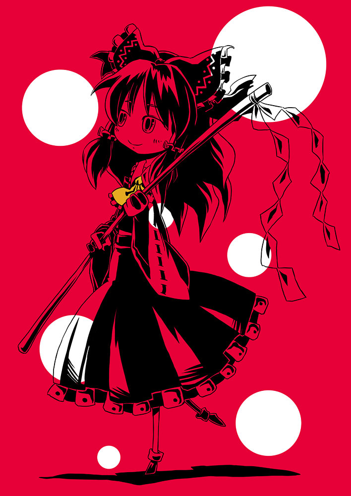 sonson (eleven), hakurei reimu, touhou, 1girl, bow, detached sleeves, female focus, full body, gohei, hair bow, japanese clothes, long hair, miko, monochrome, red theme, solo, spot color