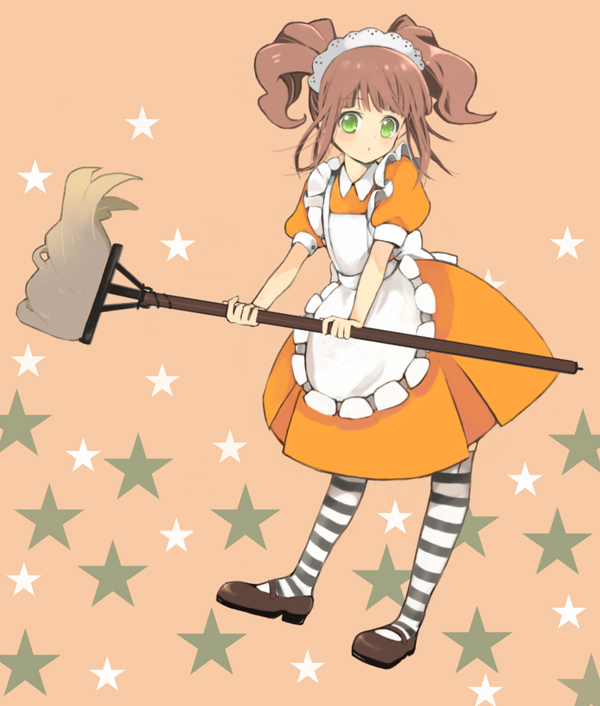 caterpillar (artist), shiratama shima, takatsuki yayoi, idolmaster, idolmaster (classic), idolmaster 1, maid fairy tale, 00s, 1girl, apron, broom, brown hair, child, female focus, frills, full body, green eyes, hairband, maid, maid apron, skirt, solo, star (symbol), striped clothes, striped thighhighs, thighhighs, twintails