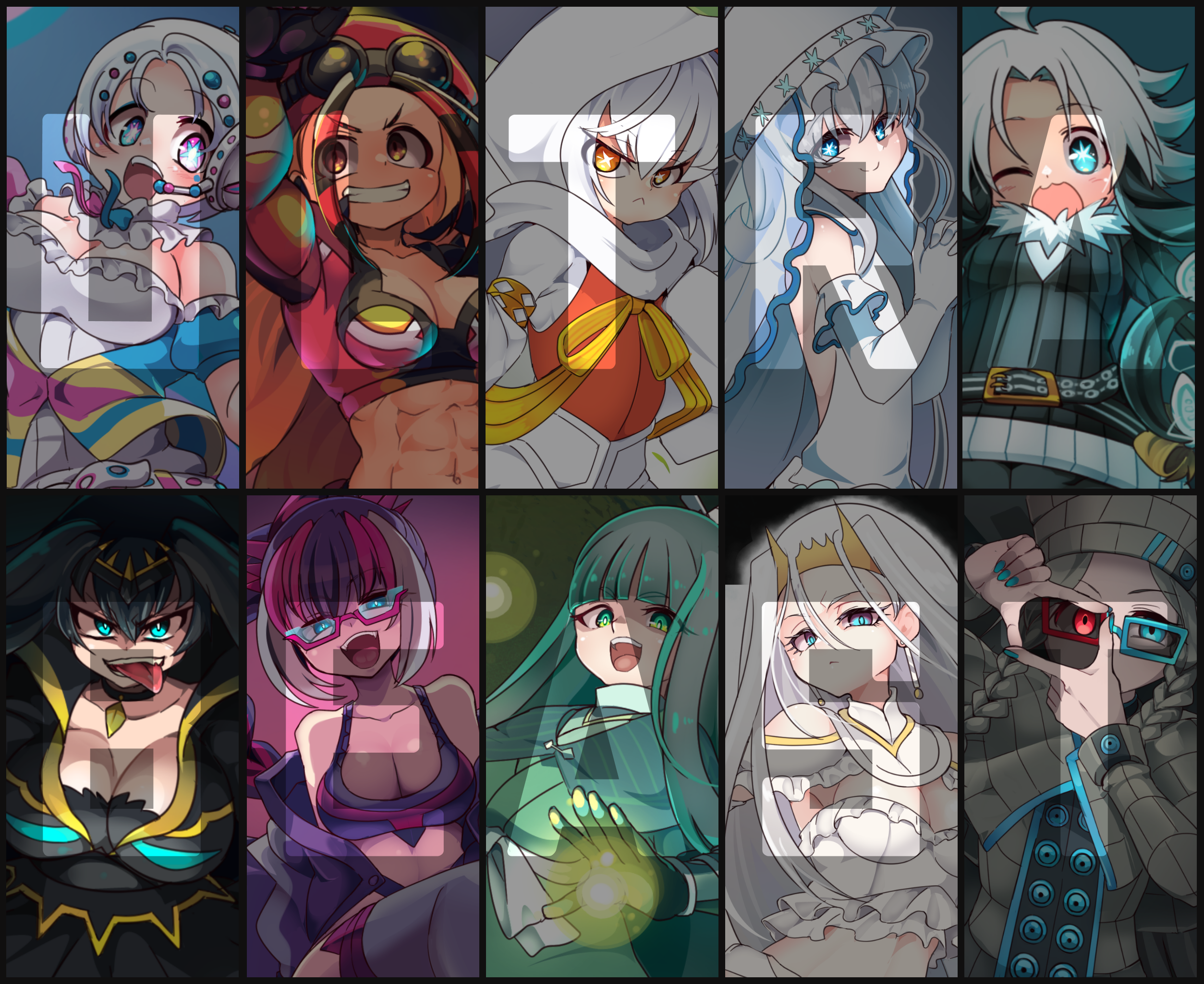 borokuro, blacephalon, buzzwole, celesteela, guzzlord, kartana, naganadel, nihilego, pheromosa, stakataka, xurkitree, nintendo, pokemon, commentary request, highres, 6+girls, abs, aqua eyes, aqua nails, arm up, bare shoulders, belt, black choker, black hair, blue hair, blunt bangs, blush, braid, breasts, bright pupils, brown eyes, choker, cleavage, closed mouth, dot nose, earrings, elbow gloves, english text, eyelashes, fingernails, gen 7 pokemon, glasses, gloves, glowing, glowing hand, goggles, goggles on headwear, green eyes, green hair, grey hair, grin, hair ornament, hat, headset, heterochromia, hood, hood up, jewelry, long hair, long sleeves, multicolored hair, multiple girls, nail polish, one eye closed, open mouth, orange eyes, personification, pink hair, purple-framed eyewear, purple hair, rectangular eyewear, red eyes, red hair, red hat, semi-rimless eyewear, short hair, smile, star-shaped pupils, star (symbol), symbol-shaped pupils, teeth, tiara, toned, toned female, tongue, tongue out, twin braids, twintails, two-tone eyewear, two-tone hair, ultra beast, upper teeth only, v-shaped eyebrows, white gloves, white hair, white pupils