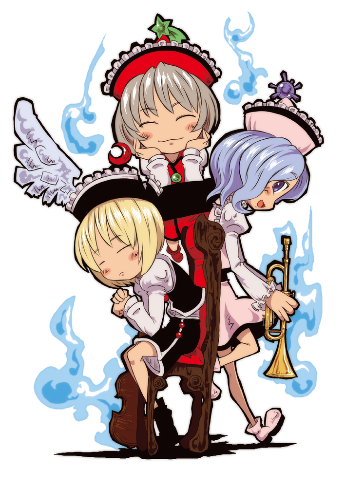 sonson (eleven), lunasa prismriver, lyrica prismriver, merlin prismriver, touhou, 3girls, blonde hair, blue hair, chair, female focus, grey hair, hat, instrument, multiple girls, siblings, sisters, trumpet, violin, wings