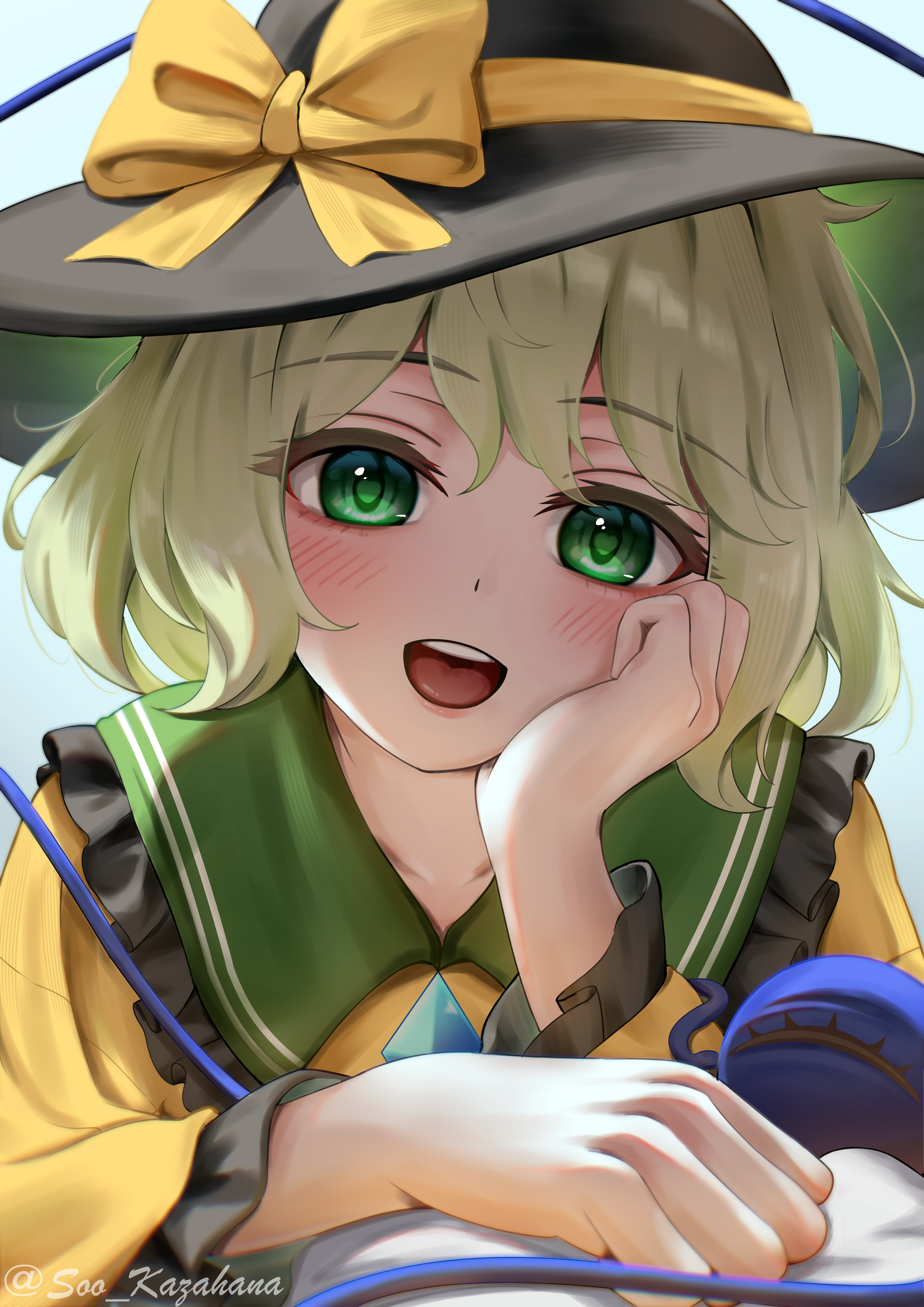 soo kazahana, komeiji koishi, touhou, absurdres, commentary, highres, 1girl, :d, backlighting, black hat, blue background, blush, bow, buttons, clenched hands, diamond button, eyelashes, frilled shirt collar, frilled sleeves, frills, green eyes, hair between eyes, hair bow, hand on own cheek, hand on own face, hat, lips, long sleeves, medium hair, open mouth, simple background, smile, solo, sun hat, teeth, third eye, tongue, twitter username, upper body, upper teeth only, white background, wide sleeves, yellow bow