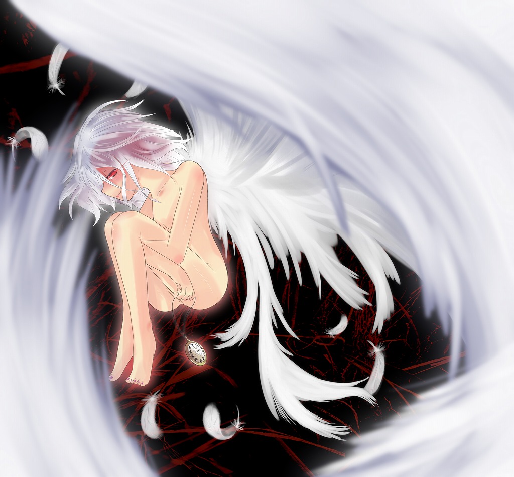 mito (calcomer), remilia scarlet, touhou, bad id, bad pixiv id, 1girl, ass, barefoot, female focus, nude, solo, wings