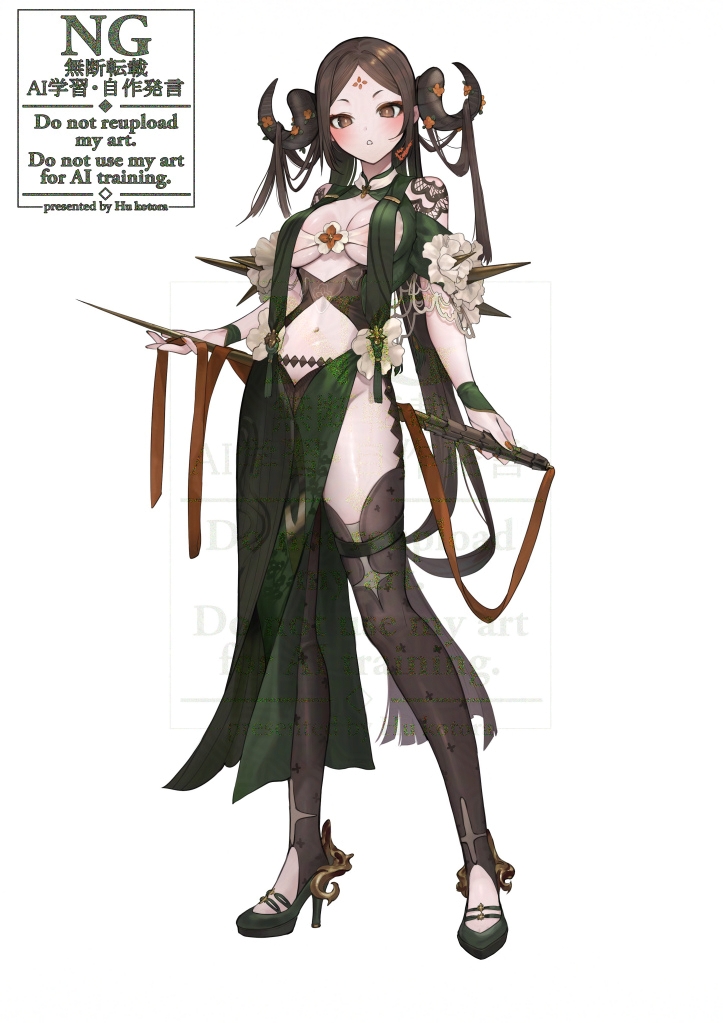 hu kotora, original, commentary request, 1girl, black dress, breasts, brown hair, brown thighhighs, cleavage, dress, facial mark, forehead, forehead mark, full body, green dress, green shoes, high heels, holding, horns, large breasts, looking at viewer, parted bangs, parted lips, shoes, simple background, solo, standing, thighhighs, watermark, white background