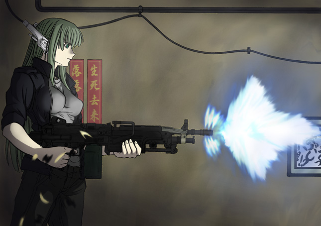 imizu (nitro unknown), karakuri chachamaru, ghost in the shell, ghost in the shell: innocence, mahou sensei negima!, 1girl, 5.56x45mm nato, ammunition box, android, blue fire, blue muzzle flash, carbine cartridge, casing ejection, casual, dmr cartridge, fire, firing, fn minimi, green eyes, green hair, gun, holding, holding gun, holding weapon, intermediate cartridge, light machine gun, lmg cartridge, long hair, m249 saw, machine gun, military cartridge, military operator, muzzle flash, parody, rifle cartridge, robot ears, shell casing, squad automatic weapon, weapon