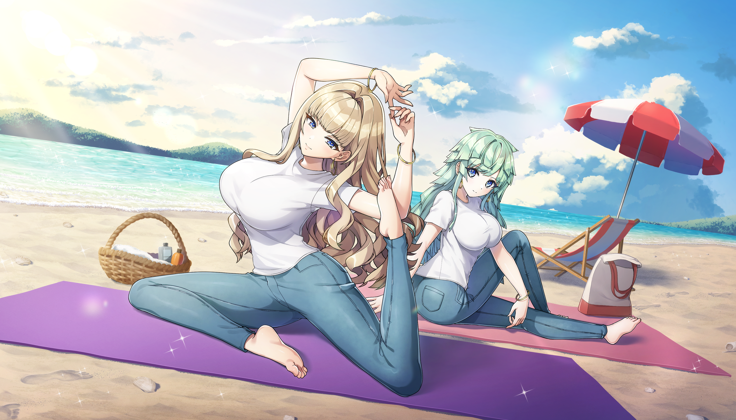 ootomo takuji, kirahoshi kanna, selena lewis, dolphin wave, game cg, highres, non-web source, official art, 2girls, barefoot, beach, beach chair, beach towel, blonde hair, blue eyes, bracelet, breasts, closed mouth, denim, earrings, exercising, grey hair, hair intakes, hoop earrings, huge breasts, jeans, jewelry, kishimen hair, large breasts, long hair, multiple girls, ocean, official alternate costume, pants, shirt, smile, stretching, sunrise, t-shirt, towel, umbrella, wavy hair, white shirt