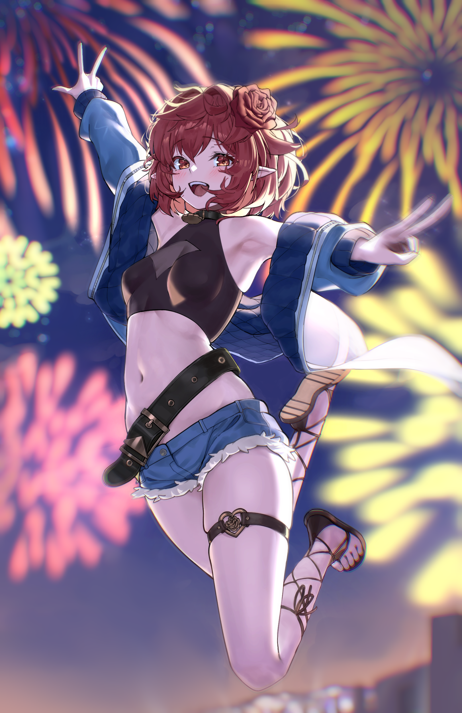 kim boki, female mage (dungeon and fighter), summoner (dungeon and fighter), dungeon and fighter, original, absurdres, highres, revision, 1girl, aerial fireworks, alternate costume, ankle lace-up, ankle wrap, armpits, backlighting, bare shoulders, belt, black shirt, blue jacket, blue shorts, breasts, brown sandals, crop top, cross-laced sandals, cutoffs, denim, denim shorts, double v, eclipse (dungeon and fighter), fireworks, flower, gladiator sandals, hair flower, hair ornament, jacket, legs up, long sleeves, looking at viewer, loose belt, micro shorts, midair, midriff, navel, off shoulder, open clothes, open jacket, open mouth, outstretched arms, pointy ears, red eyes, red hair, rose, sandals, shirt, short hair, short shorts, shorts, sleeveless, sleeveless shirt, small breasts, smile, solo, stomach, thigh strap, thighs, v