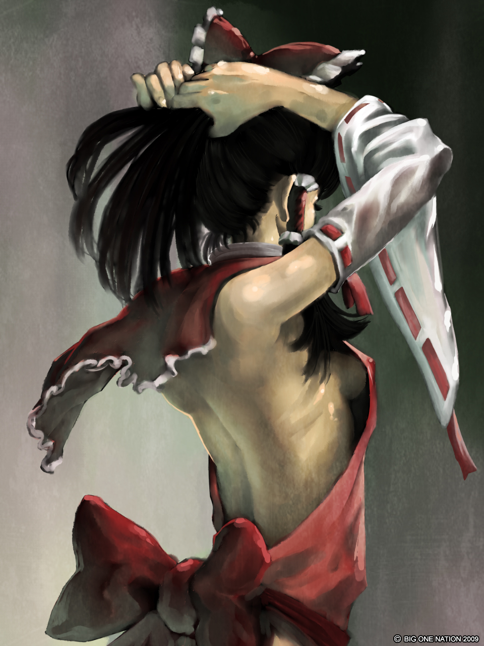 raichi (litchixlitchi), hakurei reimu, team shanghai alice, touhou, highres, 1girl, adjusting hair, armpits, arms up, back, backless outfit, bare back, black hair, bow, breasts, detached sleeves, eyelashes, female focus, from behind, hair bow, hair ornament, hair tubes, japanese clothes, medium breasts, miko, ponytail, ribbon, sideboob, solo