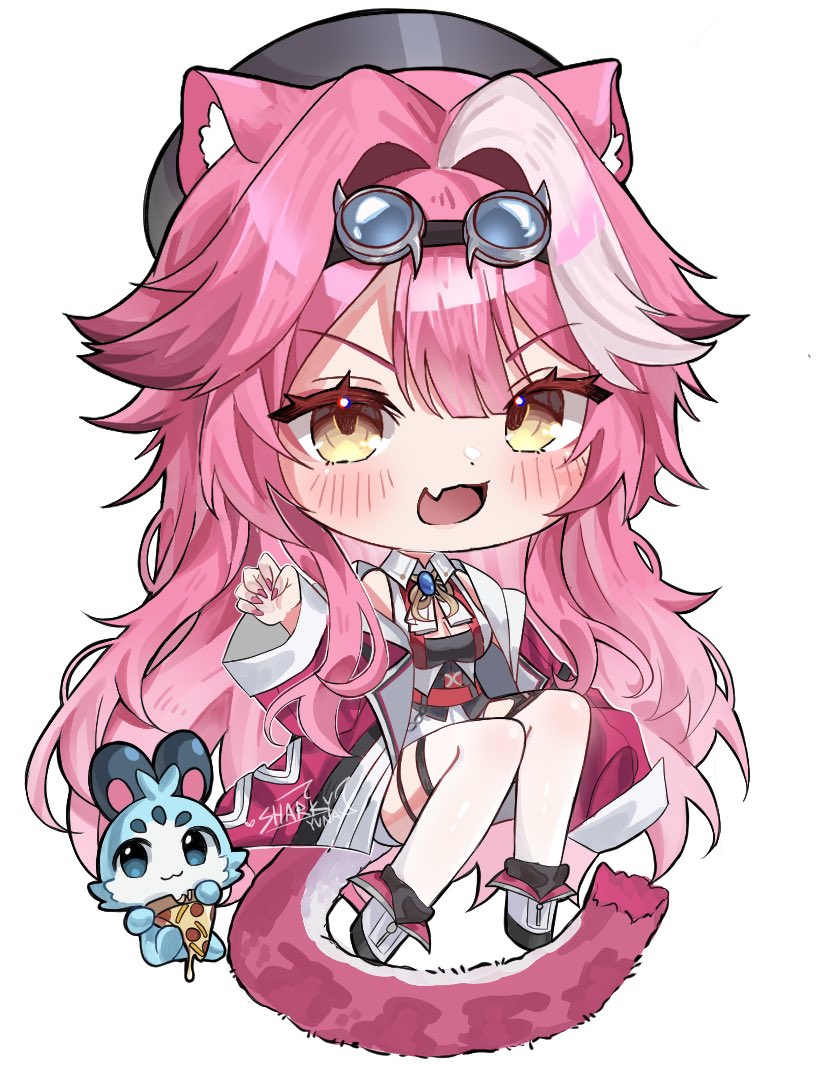 sharkyyuna, chattino (raora panthera), raora panthera, raora panthera (1st costume), hololive, hololive english, commentary, english commentary, 1girl, animal ear fluff, animal ears, black dress, black hat, blush, breasts, chibi, chibi only, cleavage, double-parted bangs, dress, fingernails, food, full body, goggles, goggles on head, hair intakes, hand up, hat, jacket, long hair, long sleeves, looking at viewer, multicolored hair, nail polish, open mouth, panther ears, panther girl, panther tail, pink hair, pink jacket, pink nails, pizza, pizza slice, simple background, smile, solo, streaked hair, tail, v-shaped eyebrows, virtual youtuber, white background, yellow eyes