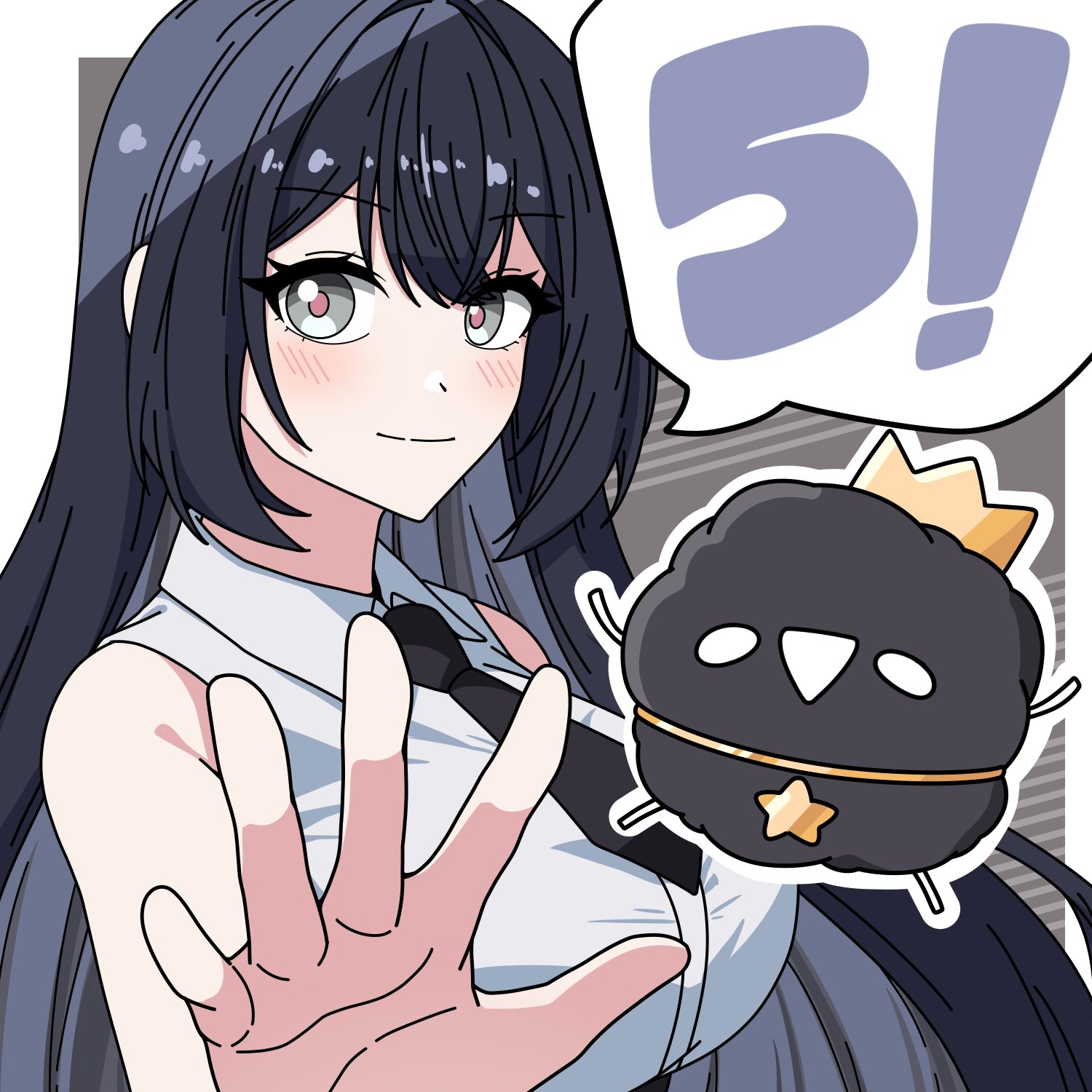 cottonswab336, van (stardays), stardays, highres, 1girl, 5 (number), bare shoulders, black hair, grey eyes, long hair, looking at viewer, necktie, palms, shirt, smile, virtual youtuber, white shirt