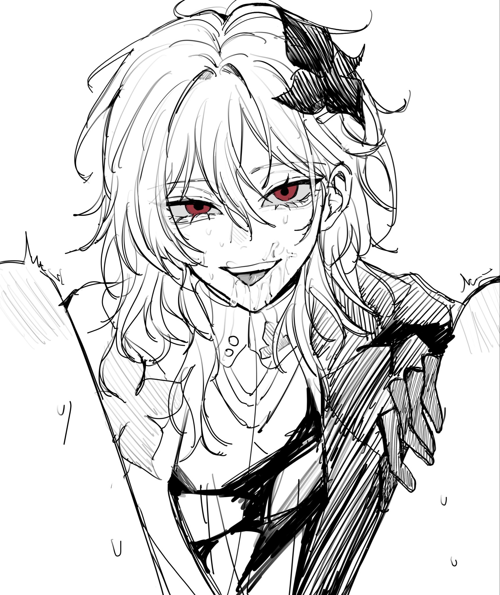 evernight (honkai: star rail), march 7th (honkai: star rail), march 7th (preservation) (honkai: star rail), honkai: star rail, honkai (series), commentary request, highres, korean commentary, 2girls, buttons, clothing cutout, dress, dual persona, empty eyes, flower, gloves, greyscale, haegu7o, hair between eyes, hair flower, hair ornament, long hair, looking at viewer, monochrome, multiple girls, official alternate costume, official alternate hairstyle, open mouth, red eyes, selfcest, shoulder cutout, sidelocks, simple background, single bare shoulder, smile, solo focus, spread legs, sweat, teeth, thighs, tongue, tongue out, trembling, two-tone dress, yuri