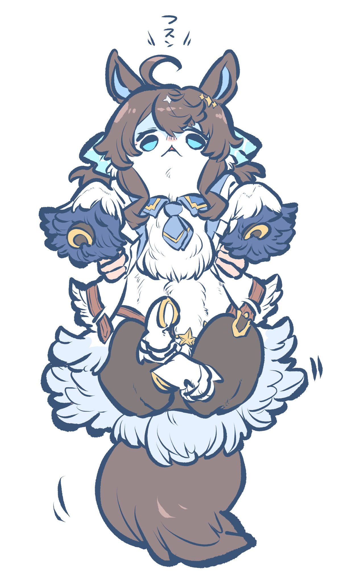 takatsuki nato, daring tact (umamusume), umamusume, commentary, highres, :<, ahoge, animal ears, animalization, creature, feather trim, holding, holding creature, hooves, horse ears, horse tail, motion lines, necktie, no humans, short necktie, simple background, tail, white background