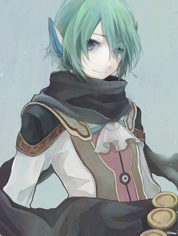 hama (sleeps), faize scheifa beleth, star ocean, star ocean: the last hope, bad id, bad pixiv id, 1boy, androgynous, ascot, bishounen, black scarf, blue background, closed mouth, ear covers, earrings, green background, green hair, jewelry, long sleeves, looking at viewer, male focus, purple eyes, scarf, simple background, smile, solo, swept bangs, upper body