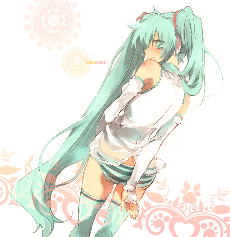 jonejung, hatsune miku, vocaloid, back, butt crack, elbow gloves, gloves, green hair, long hair, looking back, panties, ribbon, striped clothes, striped panties, thighhighs, twintails, underwear