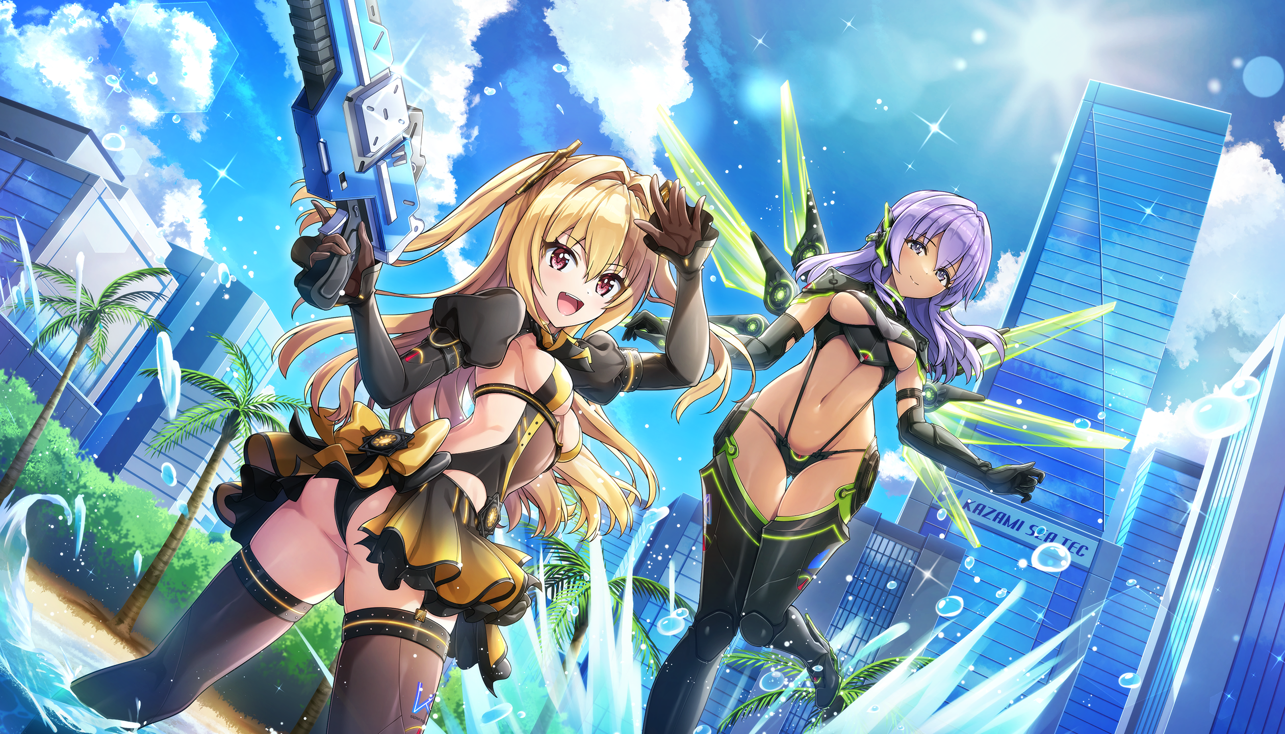 ootomo takuji, kazami ellen, souma hayate, dolphin wave, game cg, highres, non-web source, official art, 2girls, beach, blonde hair, blue eyes, bodysuit, breasts, cityscape, cleavage, closed mouth, dark-skinned female, dark skin, day, gloves, hair intakes, hair ribbon, long hair, looking at viewer, looking back, mechanical wings, medium hair, multiple girls, navel, ocean, official alternate costume, official alternate hairstyle, pleated skirt, purple hair, red eyes, ribbon, skirt, slingshot swimsuit, small breasts, splashing, sun, sunlight, swimsuit, twintails, underboob, wings
