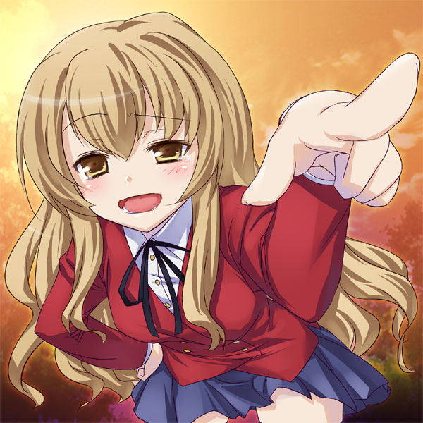 47agdragon, aisaka taiga, toradora!, jpeg artifacts, 00s, 1girl, blush, brown eyes, brown hair, female focus, foreshortening, hand on own hip, laughing, leaning forward, long hair, open mouth, pointing, pointing at viewer, raised eyebrow, school uniform, skirt, smile, solo, sunset, tears, uneven eyes