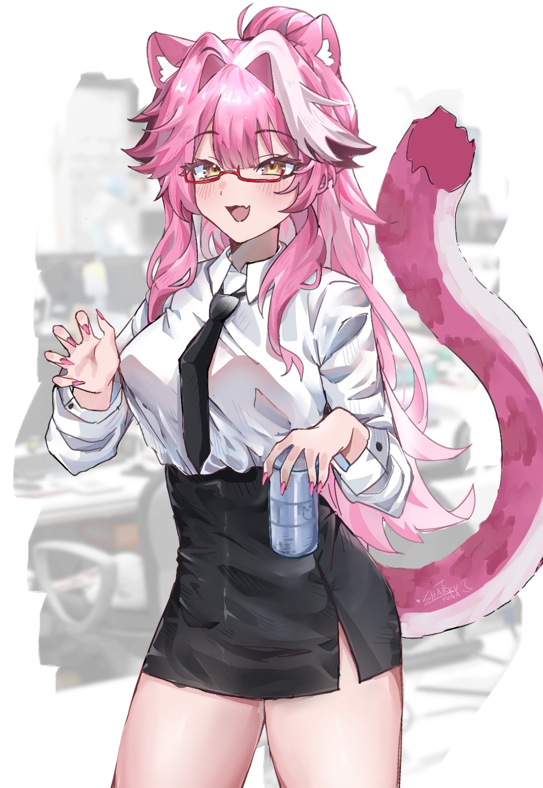 sharkyyuna, raora panthera, hololive, hololive english, commentary, english commentary, highres, 1girl, alternate costume, animal ear fluff, animal ears, bespectacled, black necktie, black skirt, blush, breasts, can, choppy bangs, collared shirt, cowboy shot, drink can, fang, fingernails, glasses, goggles, goggles on head, hair intakes, hand up, high-waist skirt, holding, holding can, long hair, long sleeves, looking at viewer, medium breasts, miniskirt, multicolored hair, nail polish, necktie, office lady, open mouth, panther ears, panther girl, panther tail, pencil skirt, pink hair, pink nails, semi-rimless eyewear, shirt, shirt tucked in, side slit, skin fang, skirt, smile, solo, streaked hair, tail, under-rim eyewear, virtual youtuber, white shirt, white streaks, yellow eyes