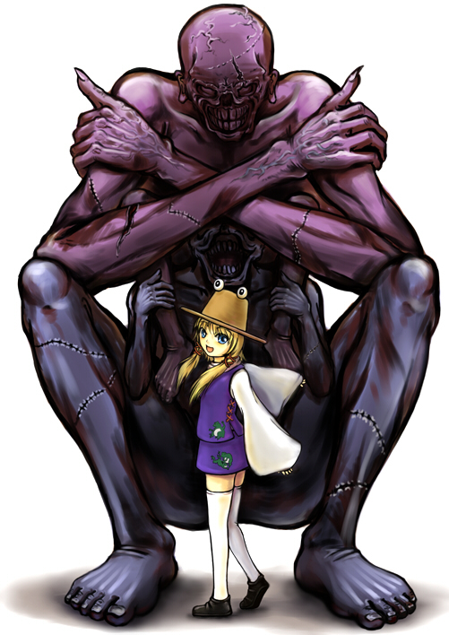 sai-go, moriya suwako, touhou, bad id, bad pixiv id, blonde hair, blue eyes, creepy, grin, hat, horror (theme), monster, smile, thighhighs