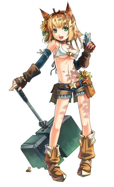 h2so4, whitesmith (ragnarok online), ragnarok online, 1girl, animal ears, blonde hair, boots, breasts, cat ears, cleavage, elbow gloves, female focus, fingerless gloves, flower, gloves, green eyes, hammer, medium breasts, midriff, panties, short hair, shorts, solo, thong, underboob, underwear