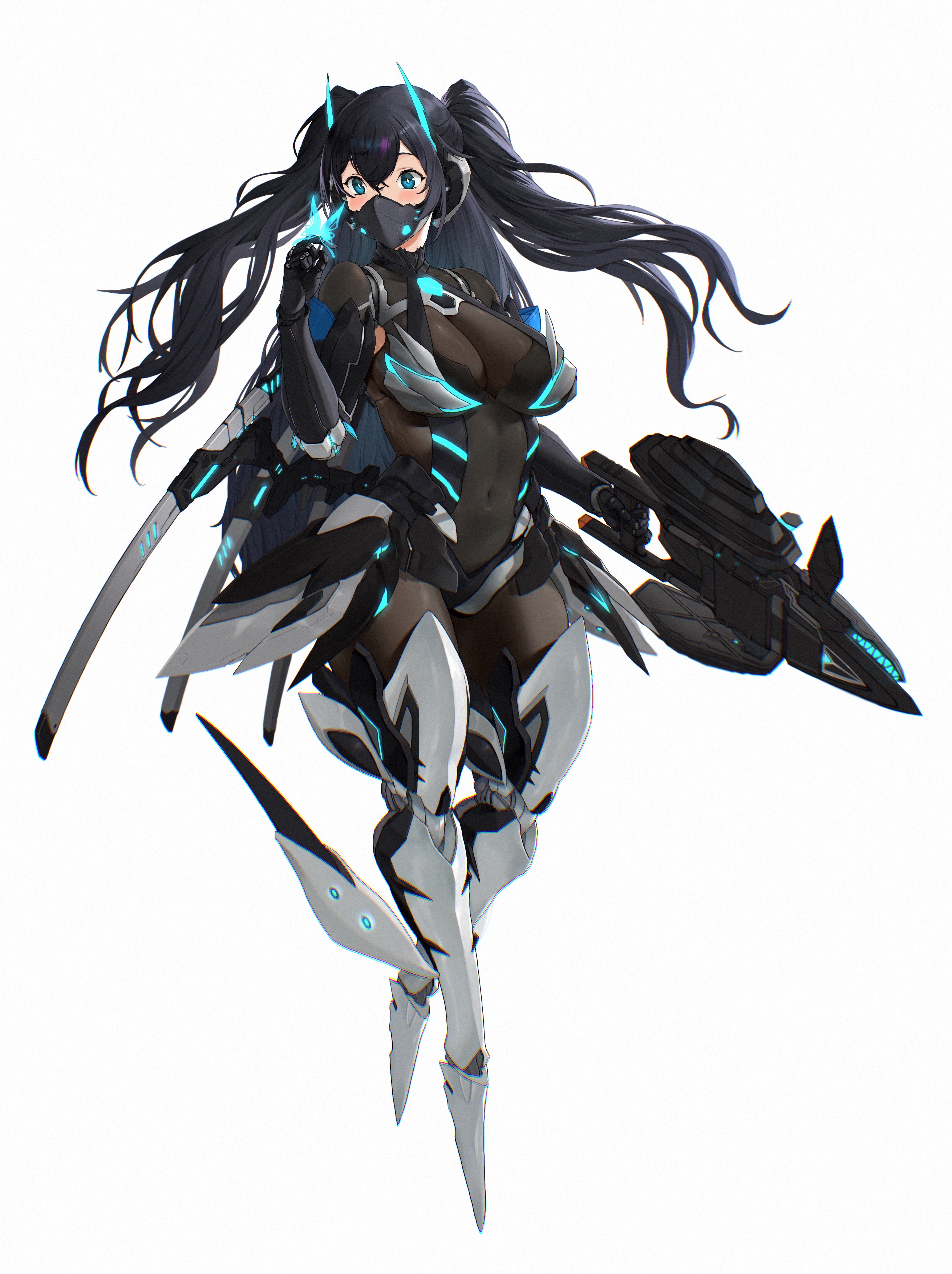 grdrawww, phantasy star, phantasy star online 2, absurdres, highres, 1girl, black hair, blue eyes, bodystocking, breasts, bug, butterfly, cyborg, glowing butterfly, gun, insect, large breasts, mask, mechanical legs, mechanical wings, mouth mask, simple background, solo, weapon, white background, wings