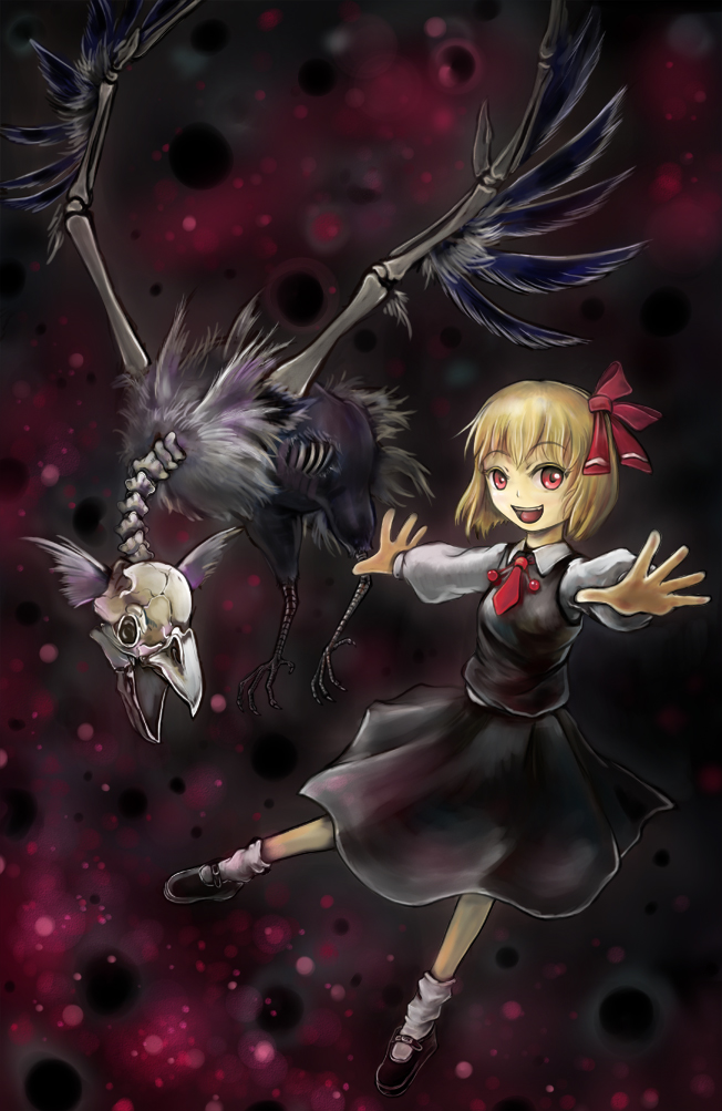 sai-go, rumia, embodiment of scarlet devil, touhou, bad id, bad pixiv id, 1girl, bird, blonde hair, creepy, female focus, full body, horror (theme), outstretched arms, red eyes, ribbon, skeleton, solo, spread arms