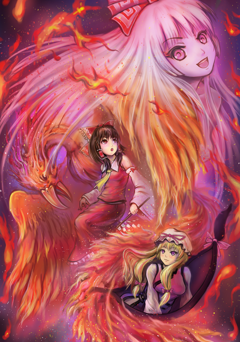 sai-go, fujiwara no mokou, hakurei reimu, yakumo yukari, touhou, bad id, bad pixiv id, highres, 3girls, bird, blonde hair, blush, bow, brown hair, detached sleeves, female focus, fire, gap (touhou), gohei, grey hair, hair bow, hair ribbon, hair tubes, hat, long hair, multiple girls, phoenix, purple eyes, red eyes, ribbon