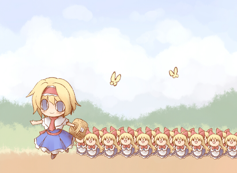 nekoguruma, alice margatroid, shanghai doll, touhou, <o> <o>, 1girl, basket, blonde hair, blue eyes, bug, butterfly, chibi, female focus, hair ribbon, hairband, ribbon, short hair, solo