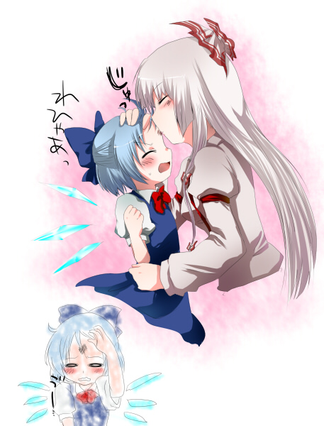 marimo danshaku, marimozuku, cirno, fujiwara no mokou, touhou, bad id, bad pixiv id, 2girls, blue hair, blush, burn mark, female focus, injury, kiss, multiple girls, wings, yuri